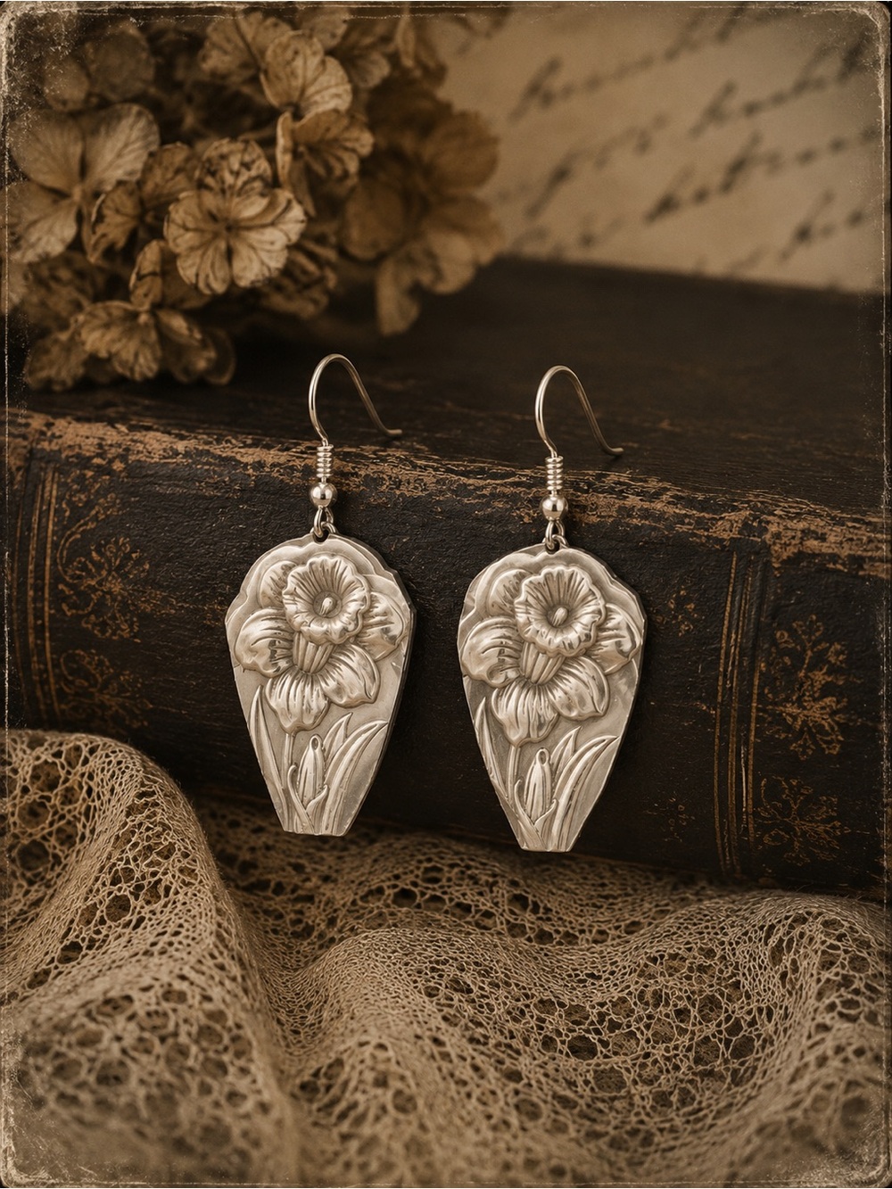 Handcrafted Silver Floral Drop Earrings - Elegant Daffodil Design